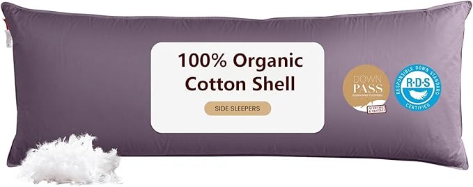 Goose Down Body Pillows for Adults, Large Body Pillow for Side Sleeper, Hugging Feather Body Pillow Insert, Cooling Full Length Long Pillow for Bed with 100% Organic Cotton Shell, 20"x60" Blackcurrant