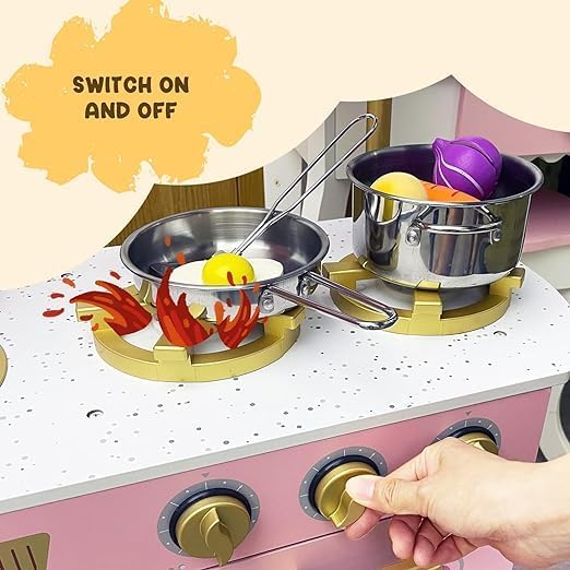 Kitchen Playset for Kids Ages 3-8, Wooden Pretend Play Kitchen for Toddlers, Including Telephone, Ice Maker, Refrigerator, Dimensions: 35” H x 31” W x 12” D (Pink)