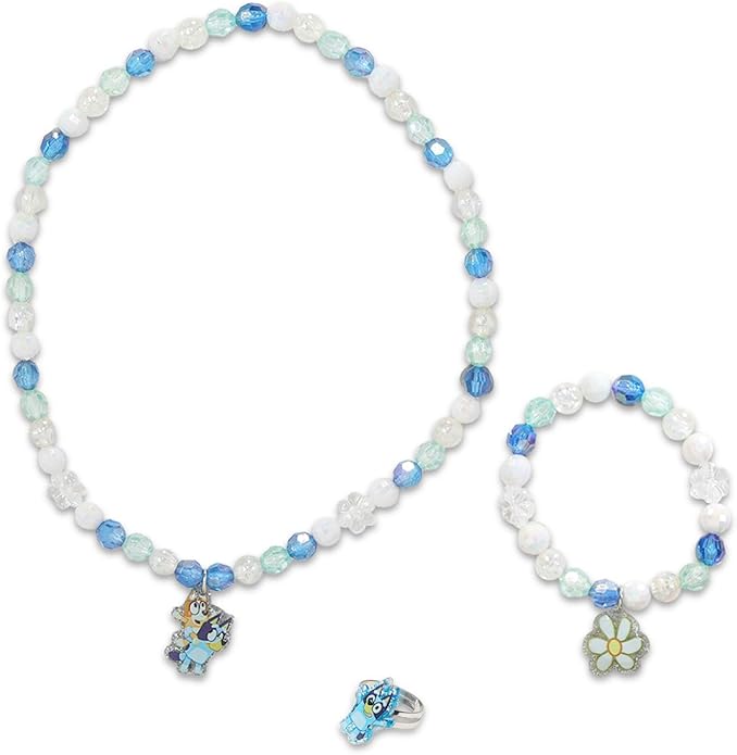 Bluey Jewelry Set for Girls - Bluey Dress Up Accessories Bundle with Necklace, Bracelet, Ring, and More | Bluey Beaded Jewelry for Kids