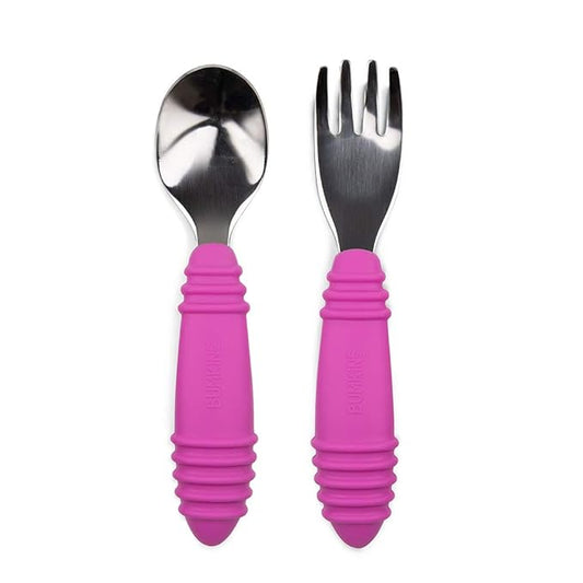 Bumkins Toddler Utensils, Kids Size Fork and Spoon Set, Silicone and Stainless-Steel Training Silverware, Angled Forks / Sporks for Self-Feeding, Children Hold Learning to Eat, 18 Months Up, Fuchsia