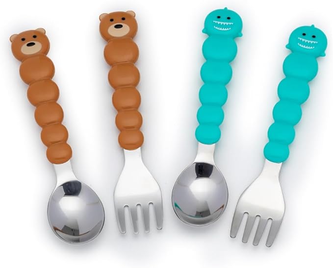 melii Toddler and Kid Feeding Spoon & Fork Set, Stainless Steel – Bulldog, Cat, Shark, Bear– BPA Free, Dishwasher safe (Bear & Shark 4pc)