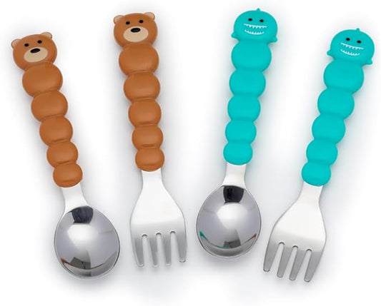 melii Toddler and Kid Feeding Spoon & Fork Set, Stainless Steel – Bulldog, Cat, Shark, Bear– BPA Free, Dishwasher safe (Bear & Shark 4pc)