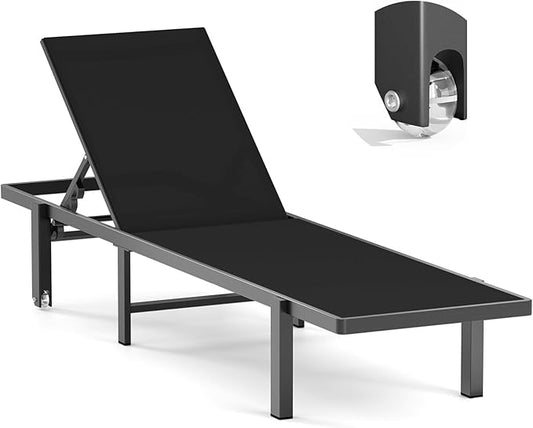 Ciokea Aluminum Chaise Lounge Chair Outdoor with Wheels, Patio Lounge Chair with Adjustable 5-Position Recliner and Full Flat Tanning Chair for Patio, Beach, Pool, Black