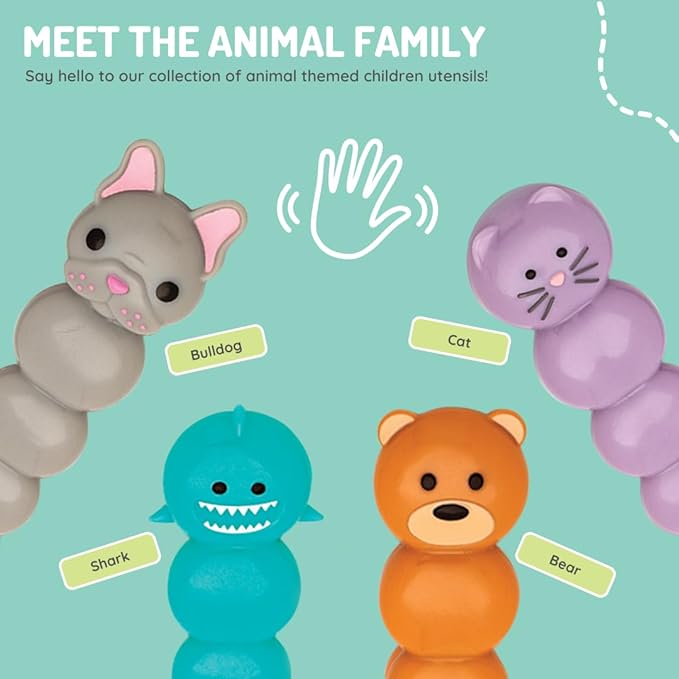 melii Toddler and Kid Feeding Spoon & Fork Set, Stainless Steel – Bulldog, Cat, Shark, Bear– BPA Free, Dishwasher safe (Bear & Shark 4pc)