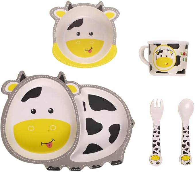 Kids Dinnerware Set Bamboo 5 Pcs with Plate Bowl Cup Fork Spoon (Cow)