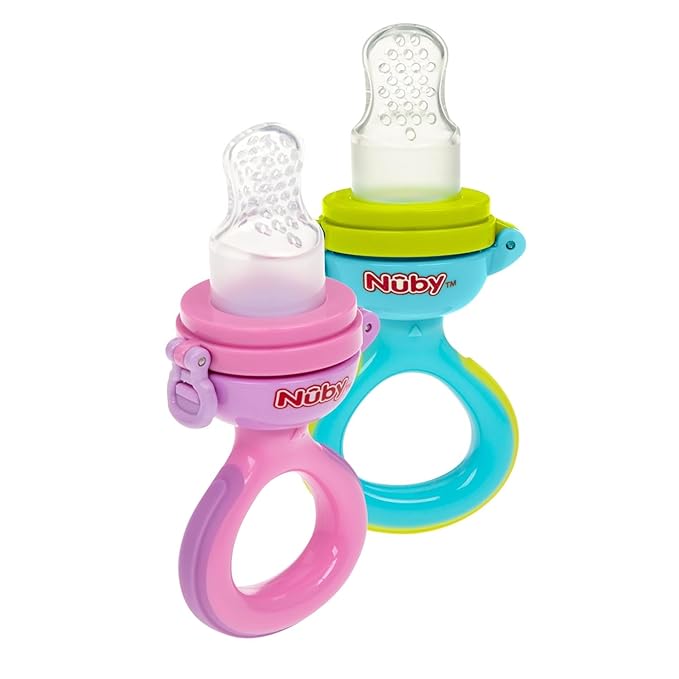 Nuby Baby’s First Food Dispenser with Hygienic Cover | Baby’s First Soft Foods and Teething | 2 Pack: Aqua & Blue or Pink & Aqua | Twist n' Feed | Promotes Self Feeding |10+ Months