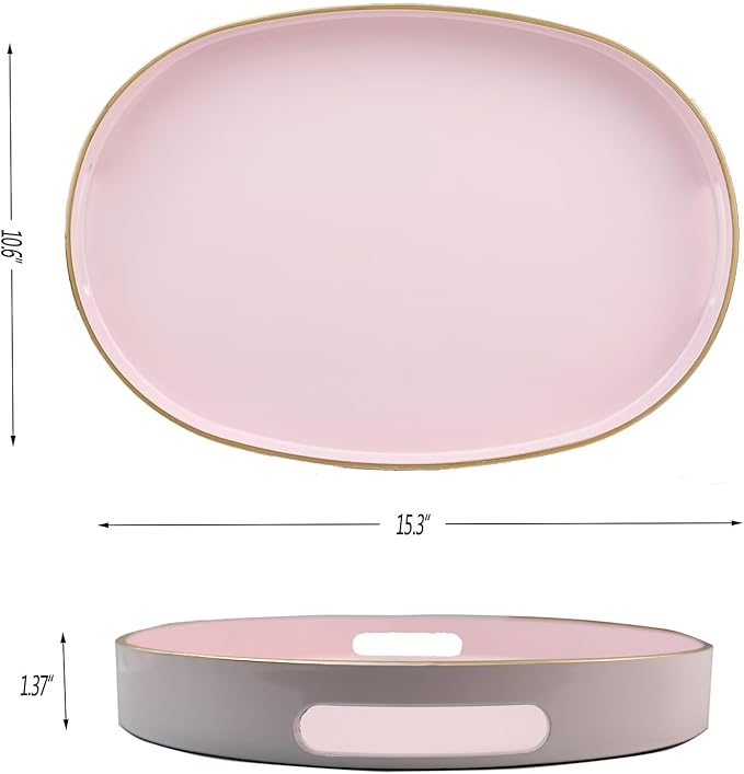 Omuriko Pink Oval Decorative Tray with Handles, Versatile Serving Tray for Coffee Table, Ottoman, Ideal for Serving, Displaying, Organizing, 15.3"*10.6"*1.37"