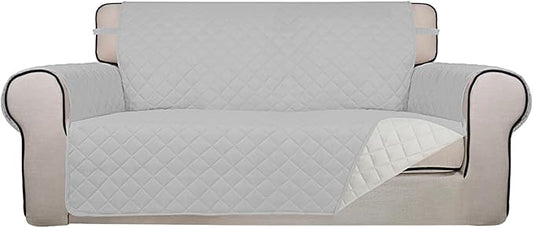 PureFit Reversible Quilted Sofa Cover, Water Resistant Slipcover Furniture Protector, Washable Couch Cover with Non Slip and Elastic Straps for Kids, Dogs, Pets (Oversized Loveseat, Light Gray/Ivory)