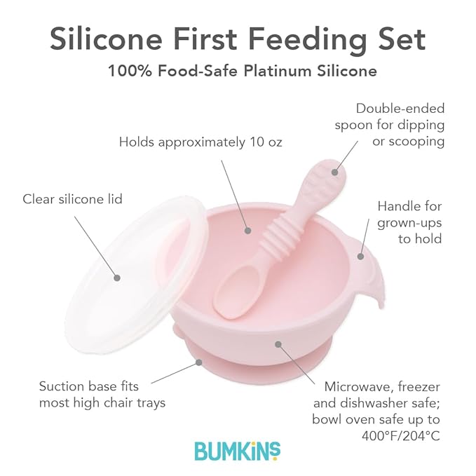 Bumkins Baby Bowl, Silicone Baby Feeding Set with Suction for Baby and Toddler, Includes Spoon and Lid, First Feeding Set, Essential for Baby Led Weaning for Babies 4 Months, Pink