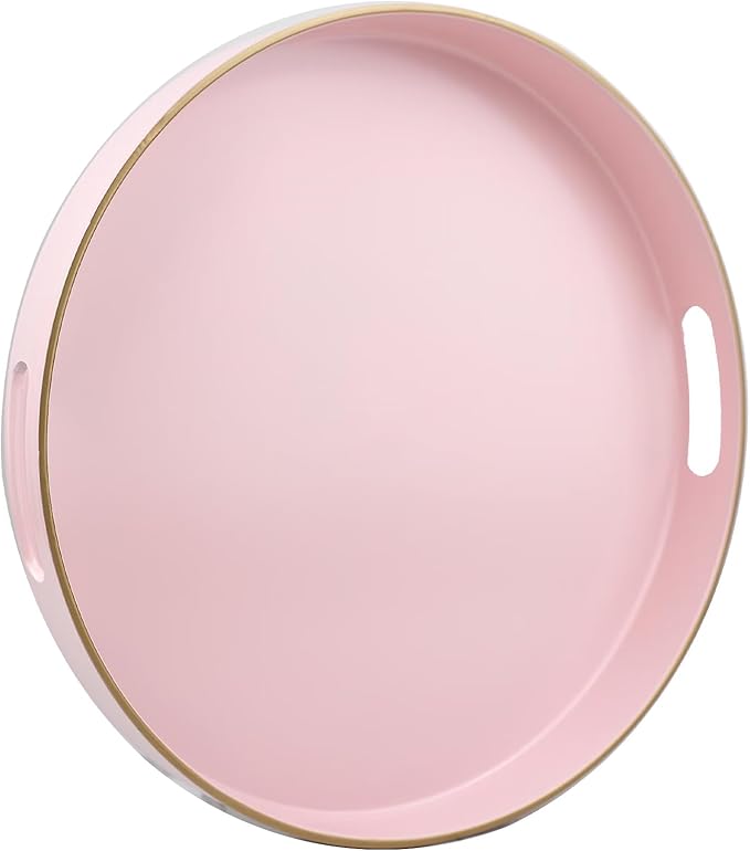 Omuriko Pink Round Decorative Tray with Handles, 13" Versatile Serving Tray for Coffee Table, Ottoman, Ideal for Serving, Displaying, Organizing