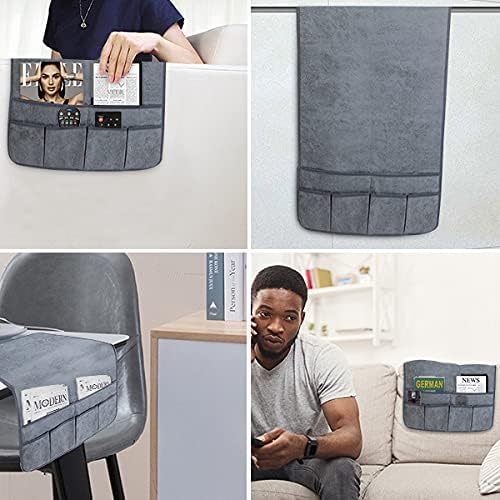 HAOMAIJIA Anti Slip Sofa Armrest Organizer Arm Chair Bedside Caddy Storage Organizer For Recliner Couch With 6 Pockets For Cell Phone Tv Remote Control Magazines (grey blue)