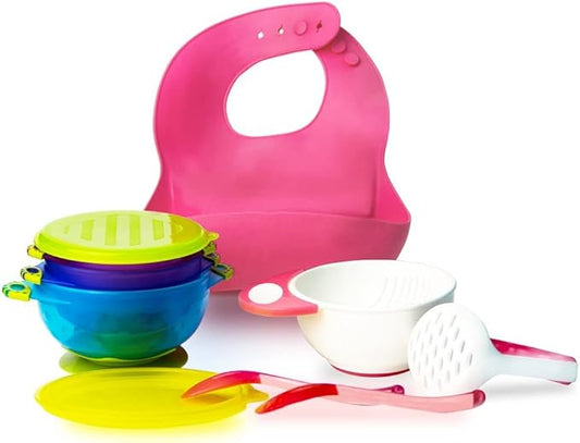 RyanLemon Baby Feeding Set, Baby Flatware Sets, Silicone Baby Led Weaning Set, Suction Plate and Bowl, Pocket Bib, Spoon Fork, Toddler Flatware Set for Babies 6 Months+, Dark pink