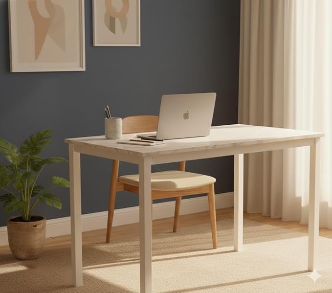 GL GLOBAL LIFE 55 inch Large Computer Desk Wood, Modern Simple Style Desk for Home Office, Bedroom, Study Student Writing Desk, Small Spaces, White Metal Frame, Marble Grain Top