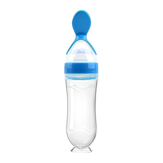 Baby Food Feeder Silicone Baby Food Dispensing Spoon-WAJIAYON, 3 oz Squeeze Feeding Spoons with Suction Cup for Boys Girl Kids Toddlers - Self Feeding Bottle Spoon - Blue