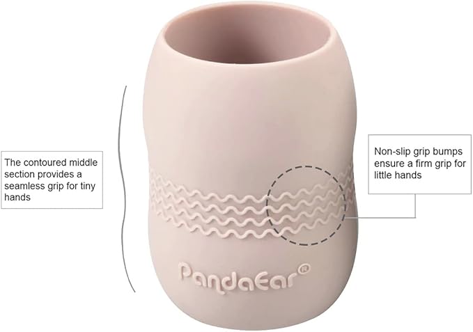 PandaEar Silicone Baby Feeding Set, 2 Pack - Divided Suction Plate, 2 Tiny Cup with Spoons, BPA Free, Light Tan/Pink