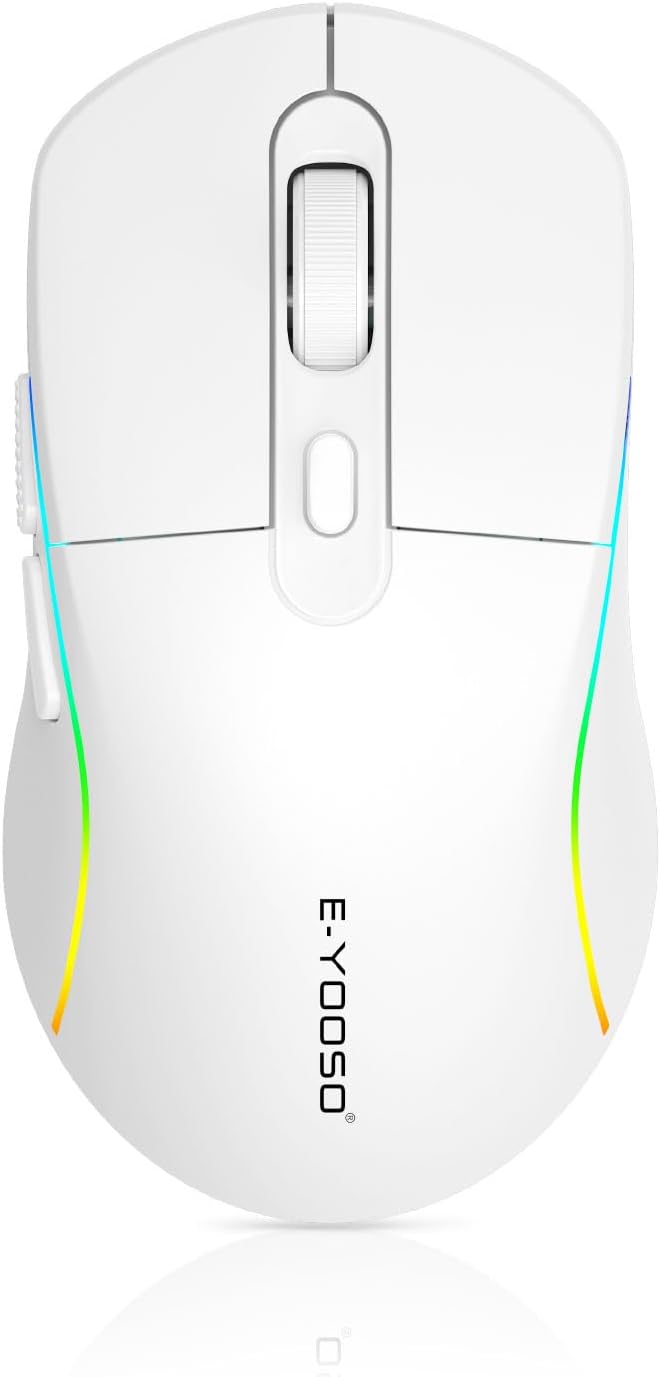 E-YOOSO Wireless Gaming Mouse, 10,000 DPI, Tri-Mode 2.4Ghz/Bluetooth/USB-C Wired, RGB Backlit, 6 Programmable Buttons, Ergonomic Rechargeable Gamer Mice with PC, Mac, PS, Xbox - White