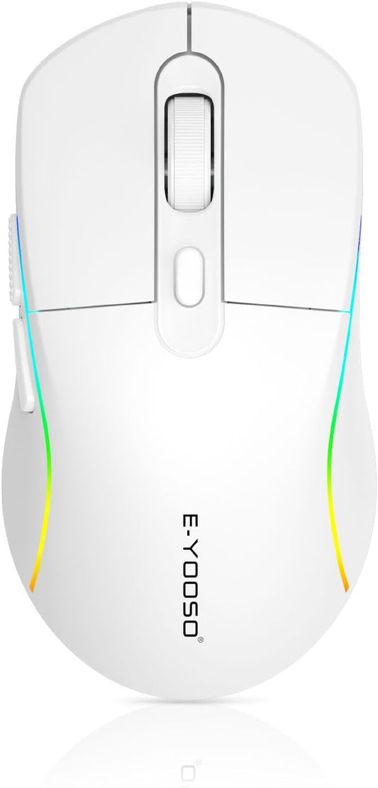 E-YOOSO Wireless Gaming Mouse, 10,000 DPI, Tri-Mode 2.4Ghz/Bluetooth/USB-C Wired, RGB Backlit, 6 Programmable Buttons, Ergonomic Rechargeable Gamer Mice with PC, Mac, PS, Xbox - White