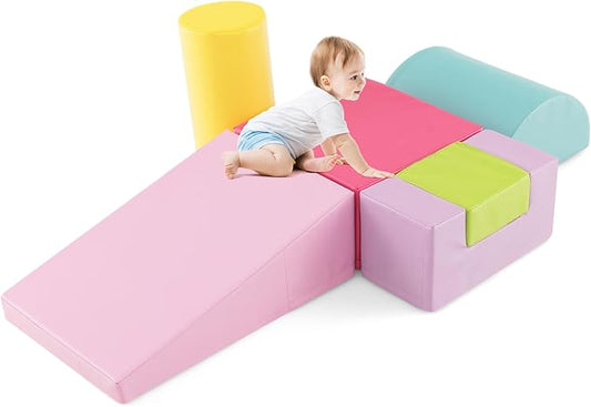 HONEY JOY 6-Piece Climb and Crawl Playset, Soft Climbing Foam Block Activity Play Structure Gym Equipment for Infant Baby, Color Coordination, Waterproof Indoor Climbing Toys for Toddlers (Red)