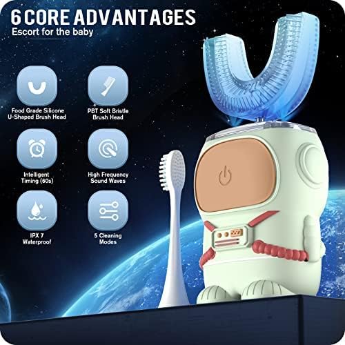 Ultrasonic Kid's U-Shaped Electric Toothbrush, IPX7 Waterproof, Five Cleaning Modes, 60S Smart Reminder (Cartoon Astronaut,Green Ages 6-12)