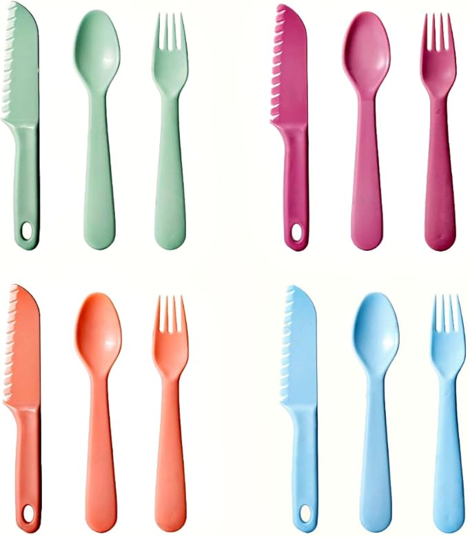 Kids Cutlery Set, 12pcs Plastic Utensils for Toddlers Real Cooking, Reusable Flatware Set with Nylon Serrated Knives, Fork and Spoon for Camping, Party, School Lunch Box (Macaron Colorful)