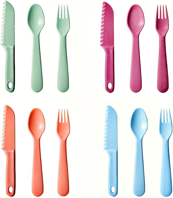Kids Cutlery Set, 12pcs Plastic Utensils for Toddlers Real Cooking, Reusable Flatware Set with Nylon Serrated Knives, Fork and Spoon for Camping, Party, School Lunch Box (Macaron Colorful)