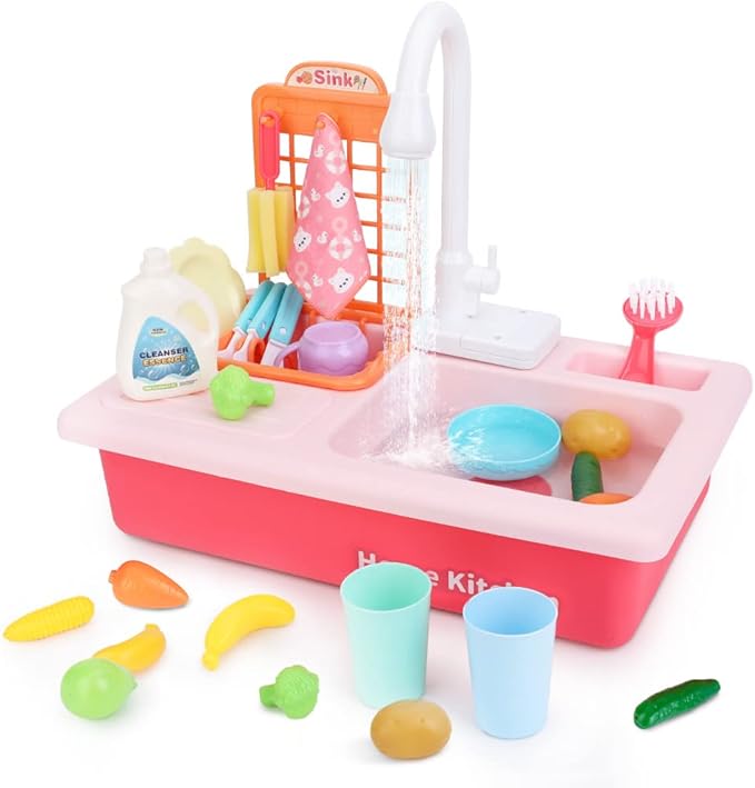 BOBXIN Play Sink with Running Water, Kids Pretend Play Kitchen Toy Sink for Girl, Role Play Electric Dishwasher Kitchen Water Toys Set with Upgraded Working Faucet and Dishes Playset for Boy Toddler