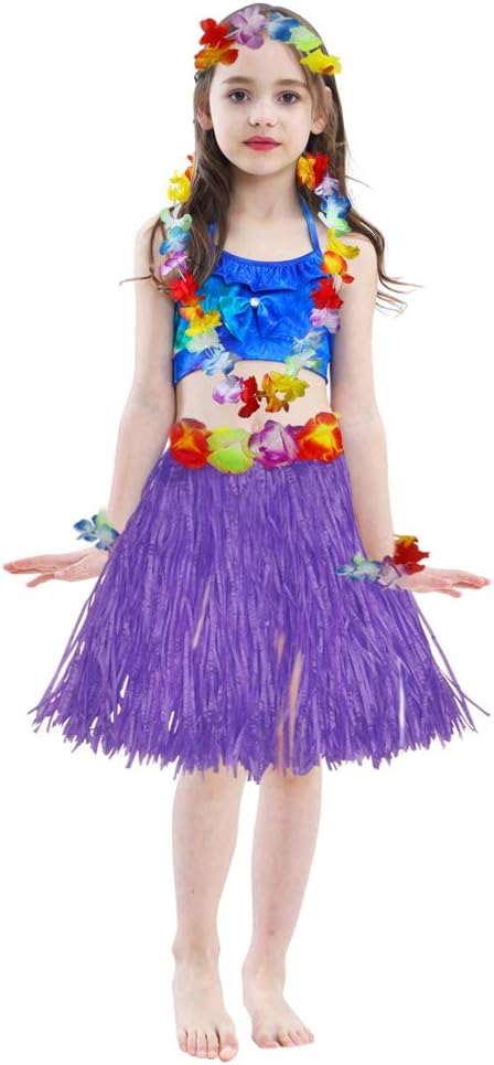Fortuning's JDS Girl's elastic Hawaiian hula dancer grass skirt with flower costume set -purple Birthday Tropical Party Decorations