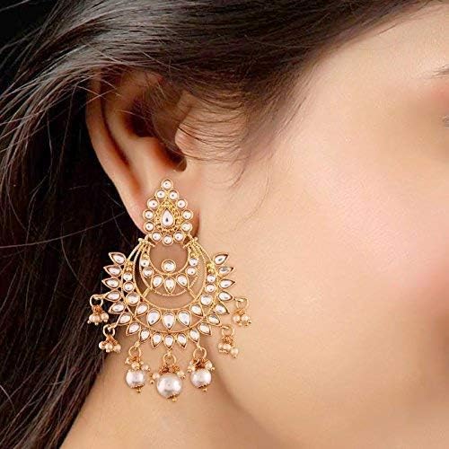 Aheli Ethnic Faux Kundan Drop Pearl Beads Dangle Earrings Maang Tikka Set Bollyood Fashion Jewelry for Women & Girls
