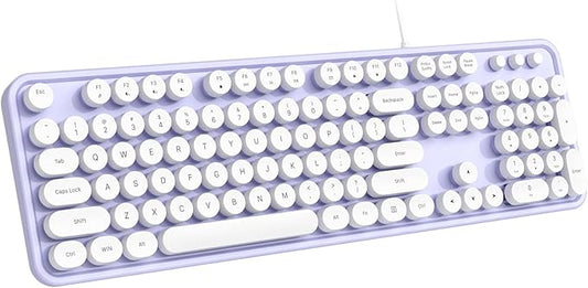 Wired Keyboard, Full-Sized Typewriter Keyboards, USB Plug and Play Office Keyboard with Number Pad, Caps Indicators, Foldable Stands for Windows, PC, Laptop, Desktop (Purple-White)