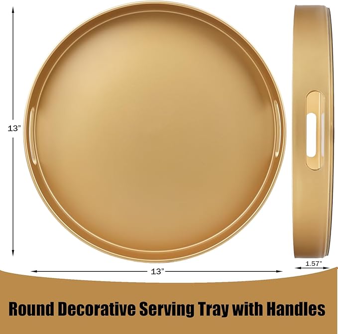 Omuriko Gold Round Decorative Tray with Handles, 13" Versatile Serving Tray for Coffee Table, Ottoman, Ideal for Serving, Displaying, Organizing