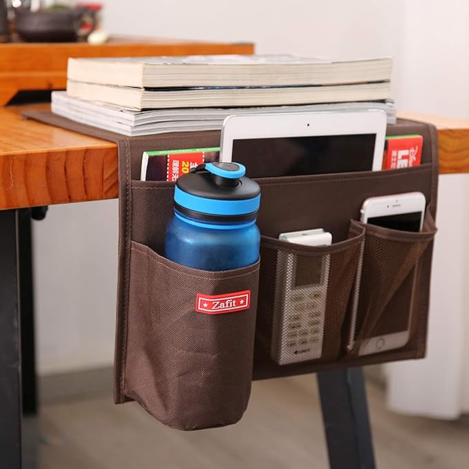 Bedside Storage Organizer - Table Cabinet Organizer Caddy for Remotes, Phone, Glasses (4 Pockets - Coffee)