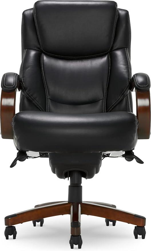 La-Z-Boy Delano Big & Tall Executive Office Chair, High Back Ergonomic Lumbar Support, Bonded Leather, Black with Mahogany Wood Finish