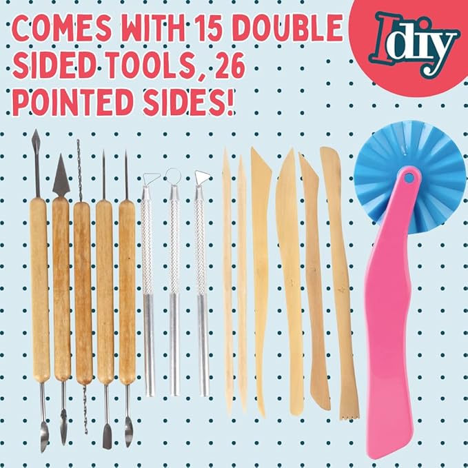 Pottery Tool Starter Kit - 15-Piece 26-Tool Beginner's Clay Ceramics Modeling Carving Sculpting Set -Arts and Crafts School Project, w Carrying Case, Birthday Gift for Kids