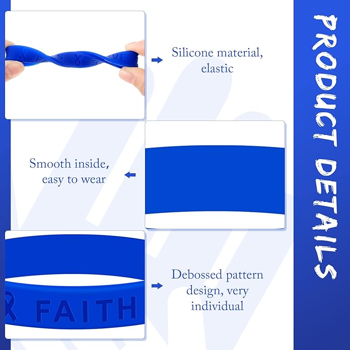 Bucherry Child Abuse Awareness Colon Cancer Bracelets Bulk Blue Ribbon Awareness Bracelets Rubber Wristband Embossed Silicone Bracelet for Public Party Favors Girls Boys Child