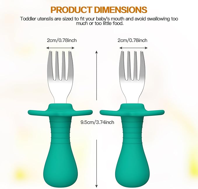 Baby Forks Toddler Forks for Self Feeding, Kids Forks with Silicone Round Handle, Stainless Steel Toddler Utensils Children Safe Silverware Set, Anti-Choke Design, BPA Free - Green Blue