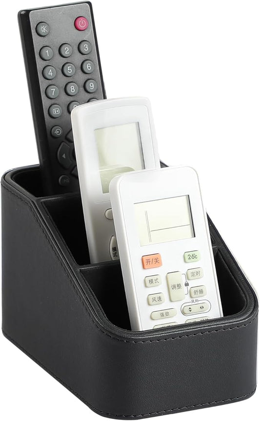 PU Leather Remote Control Holder, Small Desk Organizer Office Supply Bedside Caddy for Nightstand End Table Couch, Pen Remote Organizer with 3 Compartments (Black)