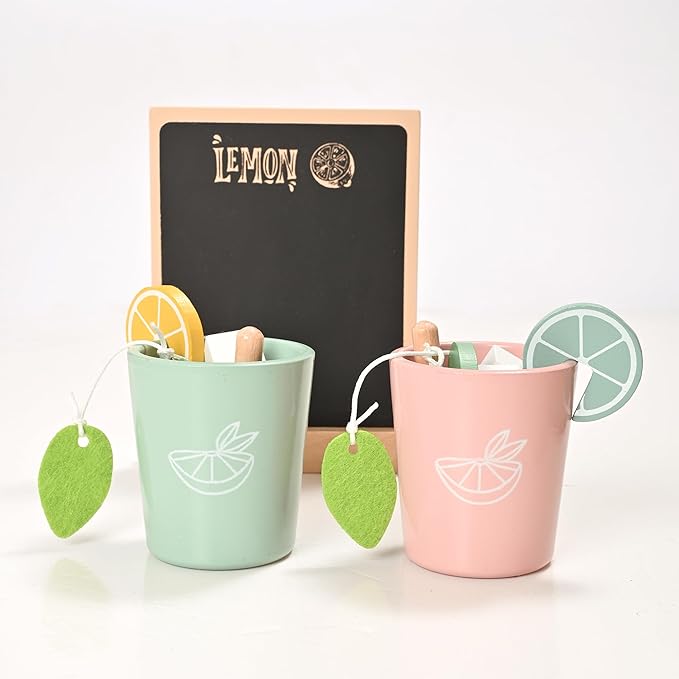 22pcs Wooden Tea Set for Little Girls, Toddler Tea Set with Lemons Kids Pretend Play Kitchen Accessories, Wooden Toys Lemonade Playset Gift Kids Tea Party Set with Sugar and Tea Bag