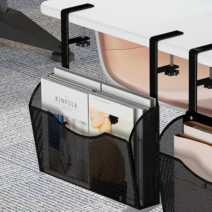 Under Desk Drawer, Desk Side Storage, Hanging Desks Organizer, Clamp On Mesh Metal Desks Organizer for Office and Home (Black)