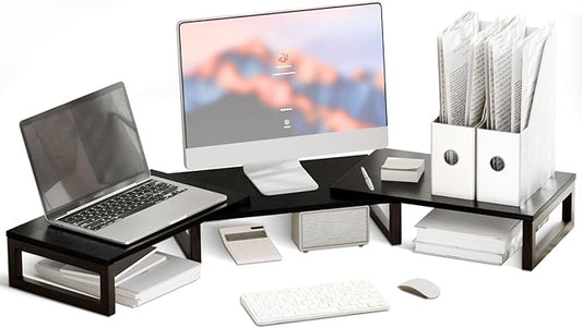 TEAMIX Desk Organizer Dual Monitor Stand Riser, Adjustable Computer Stand 45.5'' Long Desktop Shelf Office Organizer for Laptop,Printer,File,Keyboard Storage Ergonomic Design (Black)