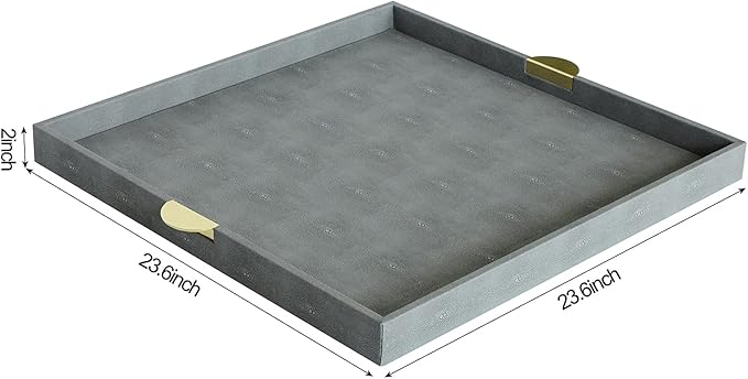 HofferRuffer Extra Large Square Serving Tray, Elegant Faux Leather Ottoman Tray with Gold Hardware Handles, Serve Tea, Coffee or Breakfast in Bed, 23.6 x 23.6 inches (Large Square)