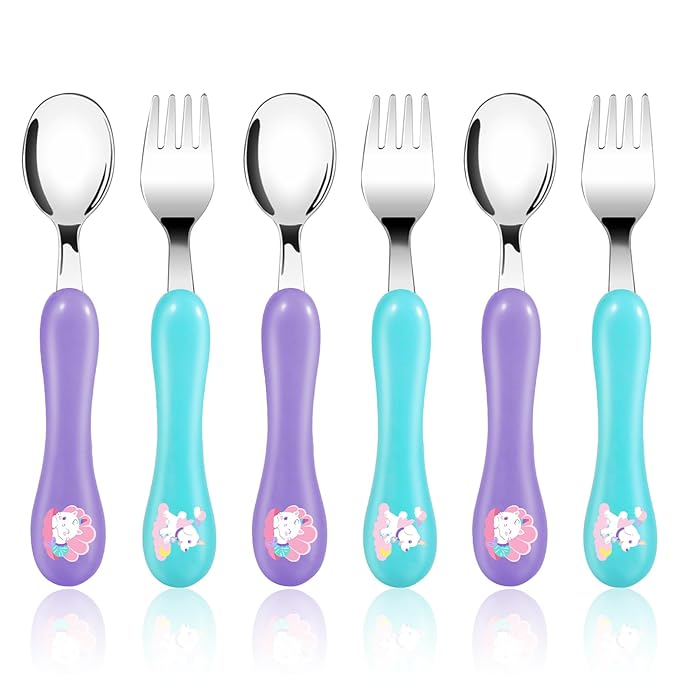 Lehoo Castle Toddler Fork and Spoon, 6pcs Toddler Utensils Kids Silverware, Safe Stainless Steel Toddler Fork Spoon Set, Children Flatware Set, Incudes 3 Spoons and 3 Forks (Light Purple + Blue)