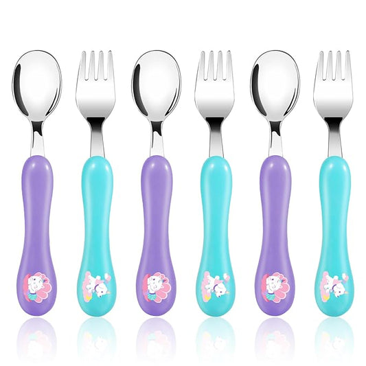 Lehoo Castle Toddler Fork and Spoon, 6pcs Toddler Utensils Kids Silverware, Safe Stainless Steel Toddler Fork Spoon Set, Children Flatware Set, Incudes 3 Spoons and 3 Forks (Light Purple + Blue)