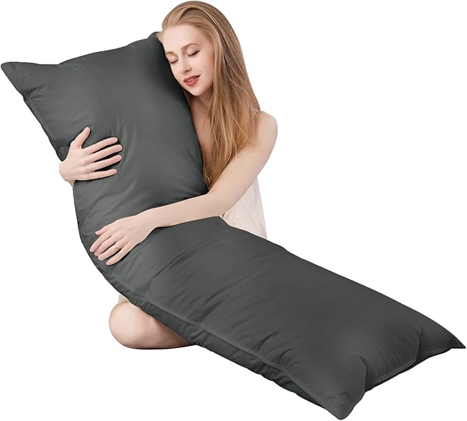 Goose Down Body Pillows for Adults, Large Body Pillow for Side Sleeper, Hugging Feather Body Pillow Insert, Cooling Full Length Long Pillow for Bed with 100% Organic Cotton Shell, Black 20"x72"