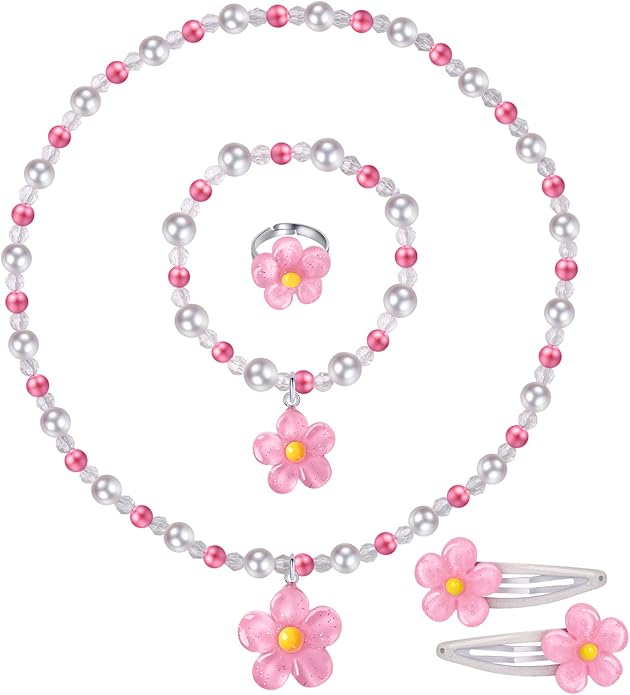 Girls Flower Jewelry Set - Toddler Dress up 5 Piece Pretend Plasy Toy Jewelry Box Set with Bead Necklace, Bracelet Ring and Hair Clips - Play Accessories - Ages 3+ Girl Birthday Gifts