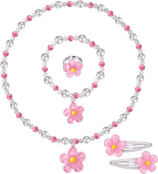 Girls Flower Jewelry Set - Toddler Dress up 5 Piece Pretend Plasy Toy Jewelry Box Set with Bead Necklace, Bracelet Ring and Hair Clips - Play Accessories - Ages 3+ Girl Birthday Gifts