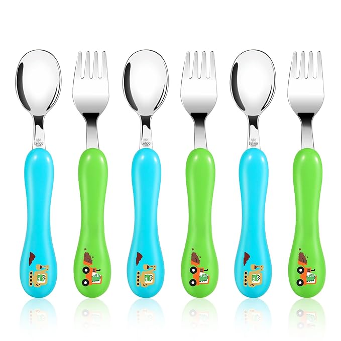 Lehoo Castle Toddler Fork and Spoon, 6pcs Toddler Utensils Kids Silverware, Safe Stainless Steel Toddler Fork Spoon Set, Children Flatware Set, Incudes 3 Spoons and 3 Forks (Dinosaur)