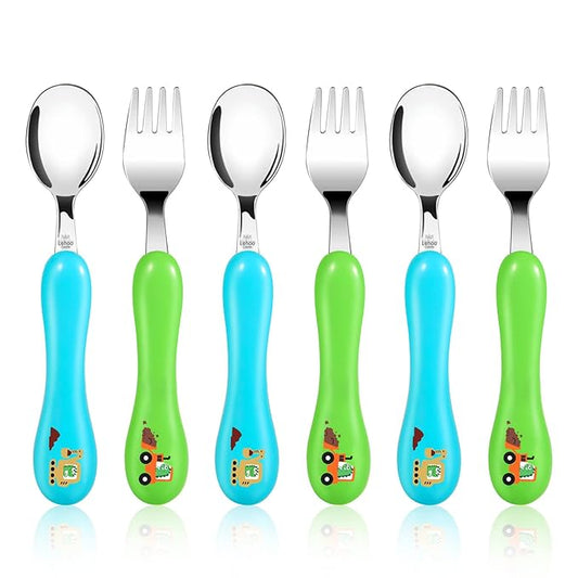 Lehoo Castle Toddler Fork and Spoon, 6pcs Toddler Utensils Kids Silverware, Safe Stainless Steel Toddler Fork Spoon Set, Children Flatware Set, Incudes 3 Spoons and 3 Forks (Dinosaur)