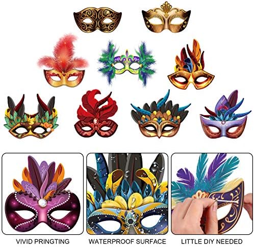 Blulu Mardi Gras Masks Paper Carnival Parade Faux Feather Face Masks Masquerade Party New Orleans Novelty Decorations Fantasy for Women Man Costume Party Favors