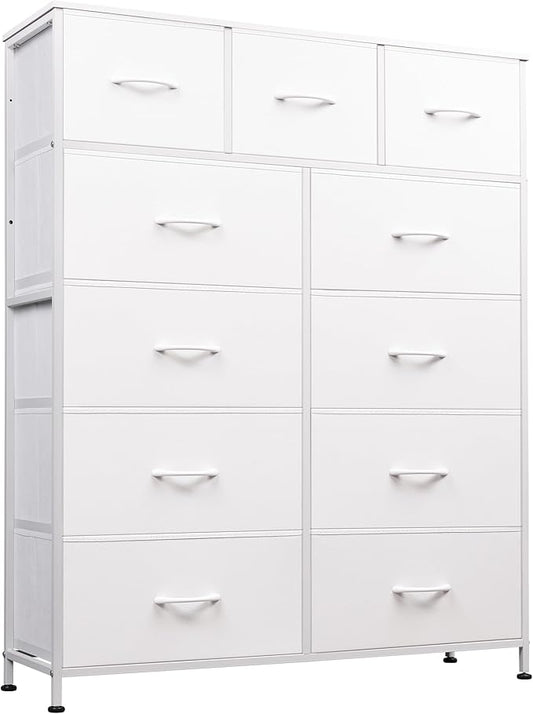 WLIVE Storage Organizer Unit with 11 Fabric Bins, Storage Drawers Organizer with Steel Frame, Tall Storage Tower Organizaton for Living Room, Hallway, Office, White