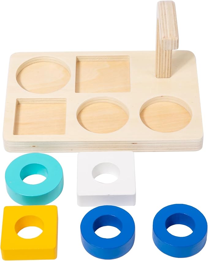 Adena Montessori Wooden Stacking and Sorting Ring,Wooden Rings on Peg,Colorful 5 Shapes on Curved Peg Horizontal Dowel Variation,Fine Motor Skills Development Toys for 1 2 3 Years Old Toddlers